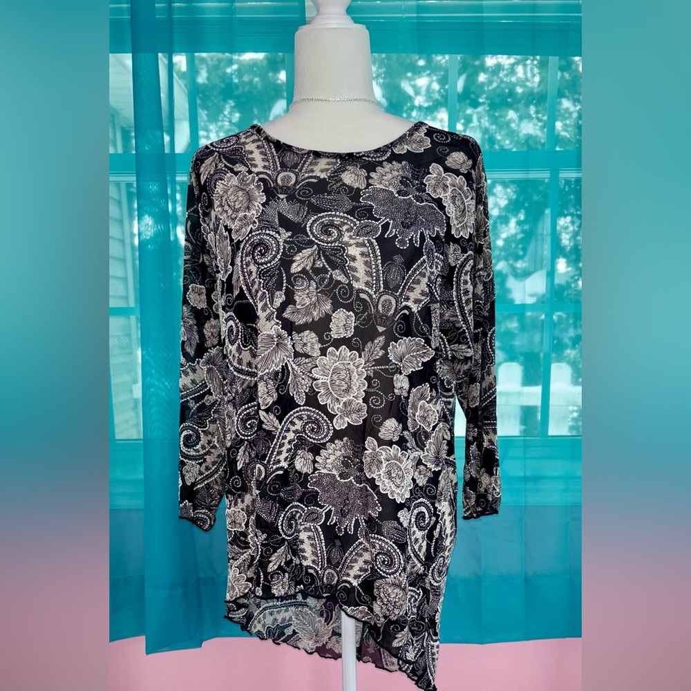 Kaktus Black & Cream Floral Paisley Asymmetrical Tunic Blouse Women’s Size XL